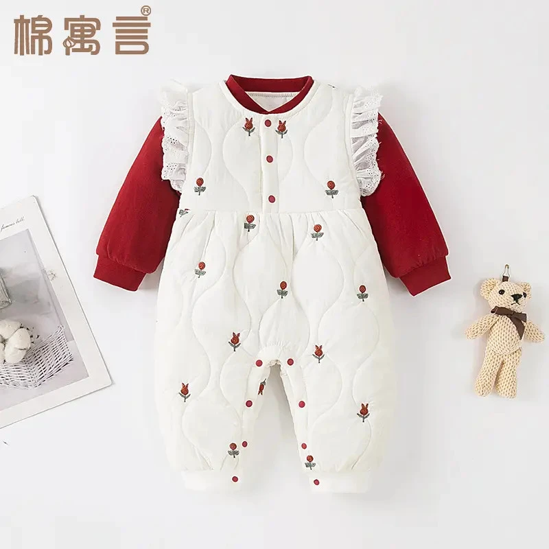 秋冬夹棉背心连体衣宝宝加厚哈衣洋气小飞袖可爱婴儿爬爬服外出服