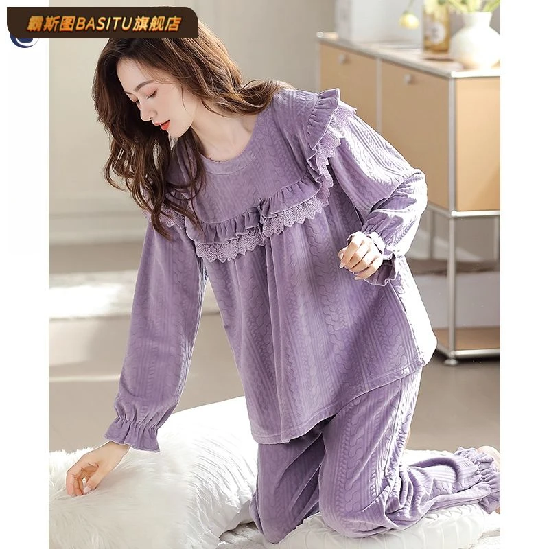 睡衣女春秋款珊瑚绒加厚加绒女款冬季海岛卡通冬季女款珊瑚绒睡衣