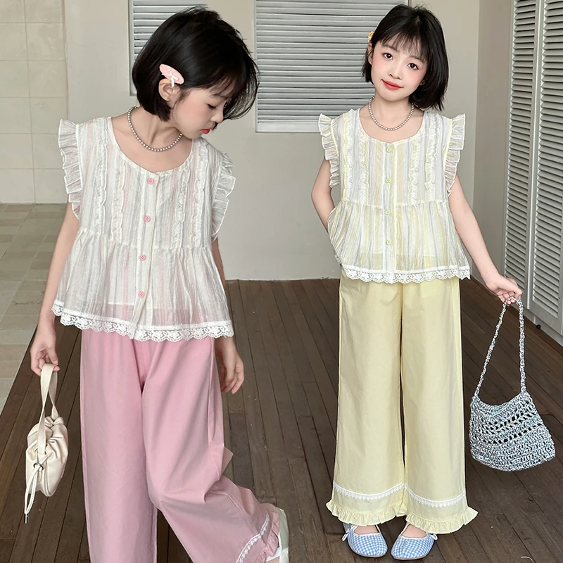 女童夏装套装2025新款洋气儿童花边飞袖上衣阔腿裤时尚女孩两件套