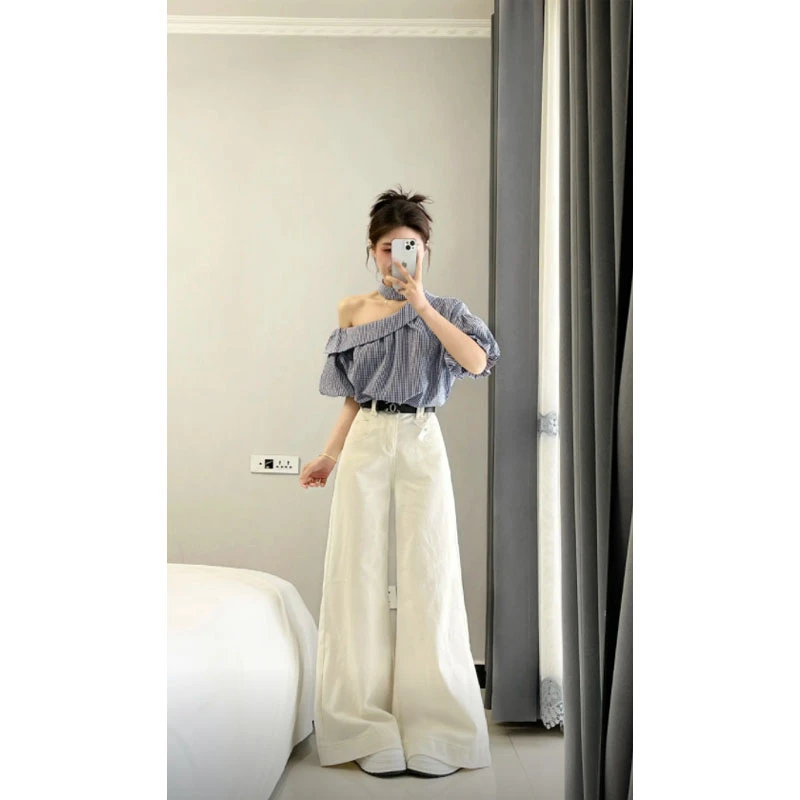 2025夏季新款法式气质职场通勤穿搭格纹斜肩衬衫高腰阔腿裤两件套