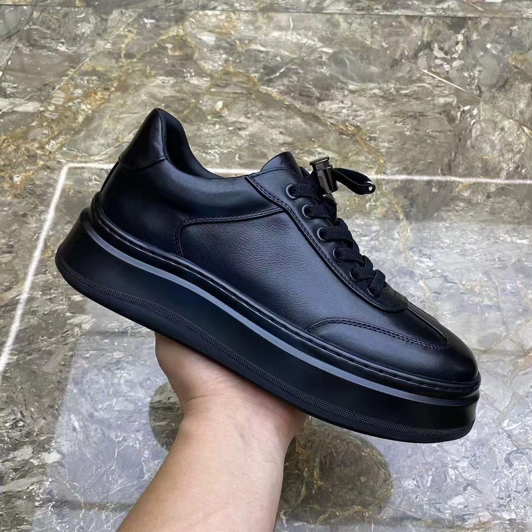 广州真皮男鞋秋季新款时尚厚底休闲板鞋韩版透气圆头皮鞋男士潮鞋