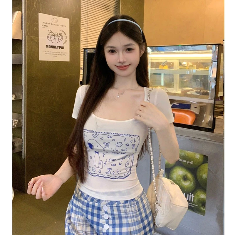 韩系纯欲风涂鸦卡通印花短袖t恤女夏季设计感小众修身独特短上衣