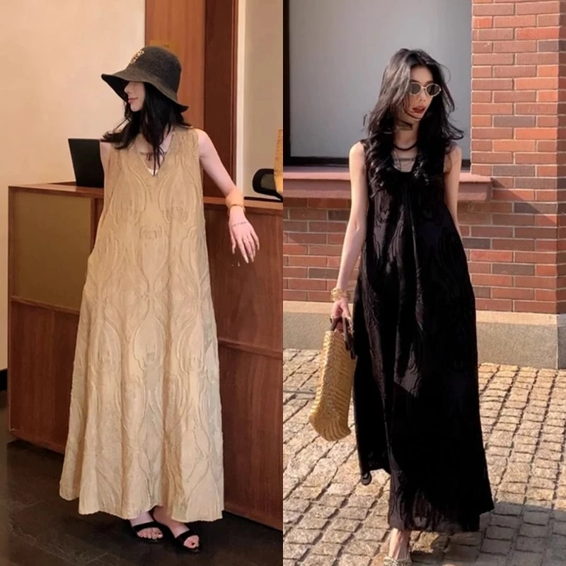 法式高级感提花无袖连衣裙女宽松遮肉显瘦高级感时尚气质休闲长裙