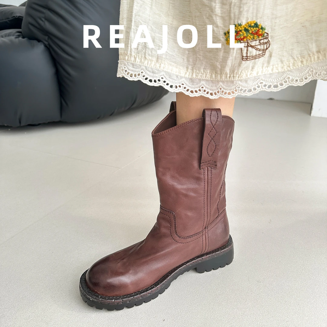 马丁靴女款2025新款水洗牛皮黑色英伦风中筒时尚美拉德棕色短靴女