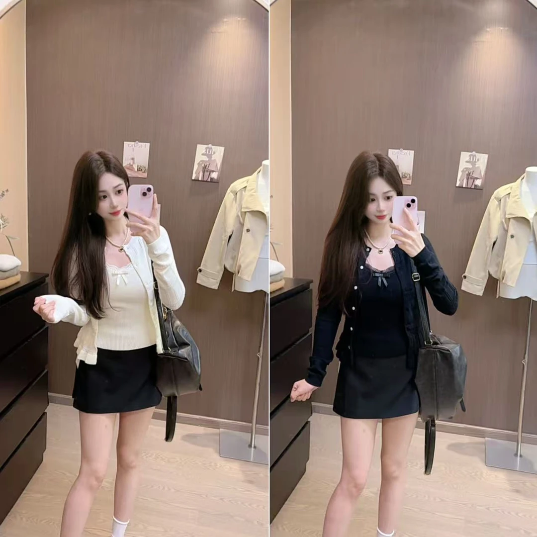 “温柔两件套”花边毛衣开衫+蝴蝶结背心两件套-59826