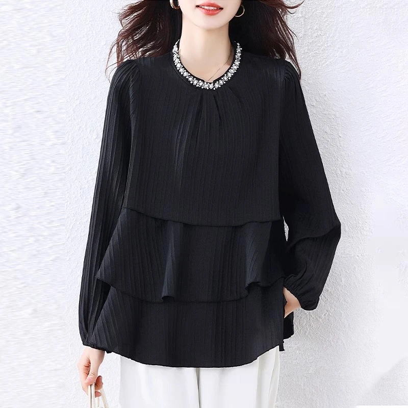 黑色长袖雪纺衫女2025春季新款宽松时尚高级感大码遮肚子休闲上衣