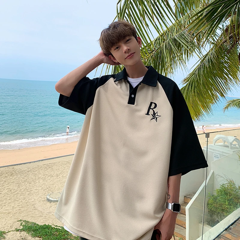 77063夏季潮牌美式复古设计感撞色Polo衫学院风刺绣字母短袖t恤