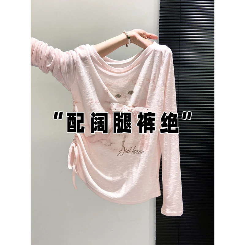 猫咪印花薄款斜领长袖t恤女2025夏季设计感褶皱收腰宽松防晒罩衫