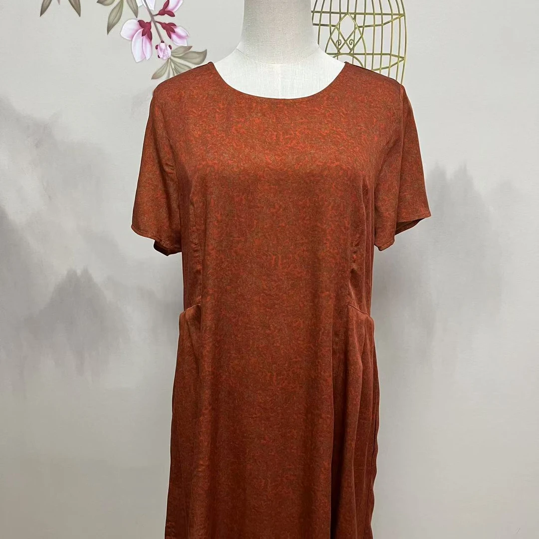 【绒兰】贡缎棉绸圆领立体裁剪收腰 连衣裙 002号橘红豹纹