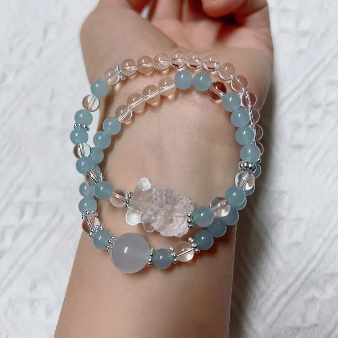 海蓝宝吞晶玉髓设计款手串双圈手串多样性发一