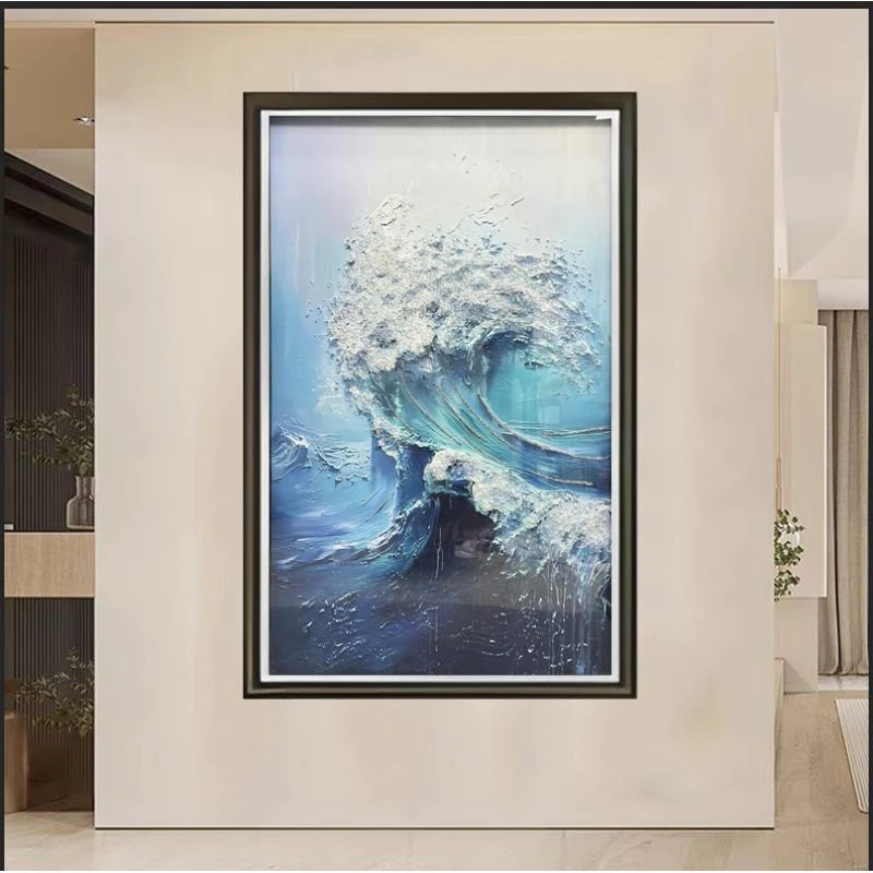 Q259海浪时尚餐厅客厅轻奢挂画钢化玻璃装裱实物鎏金画装饰画