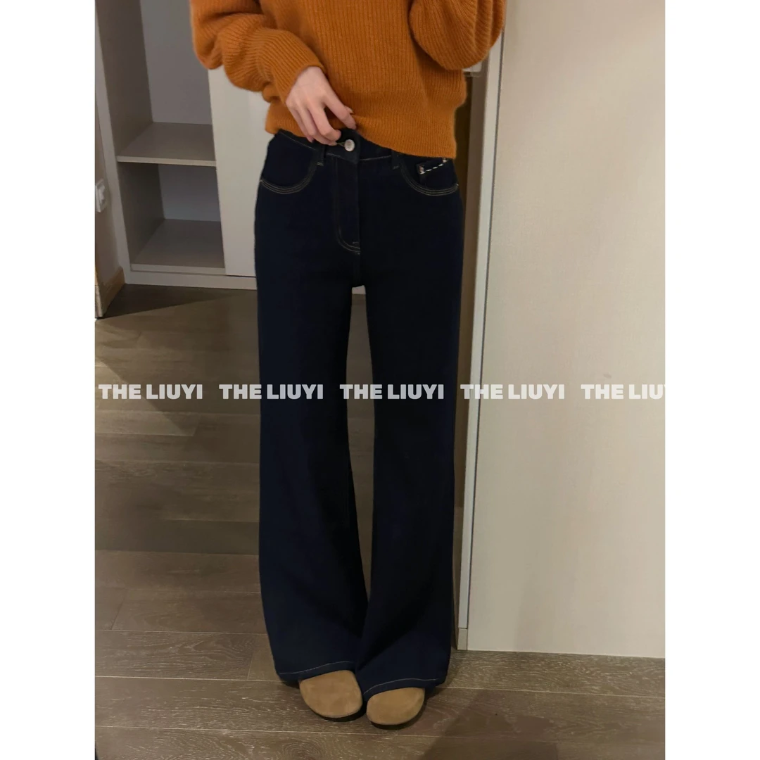 【LIUYI】冬日神裤~丹宁色加绒加厚窄版显瘦四面弹微喇牛仔裤59276
