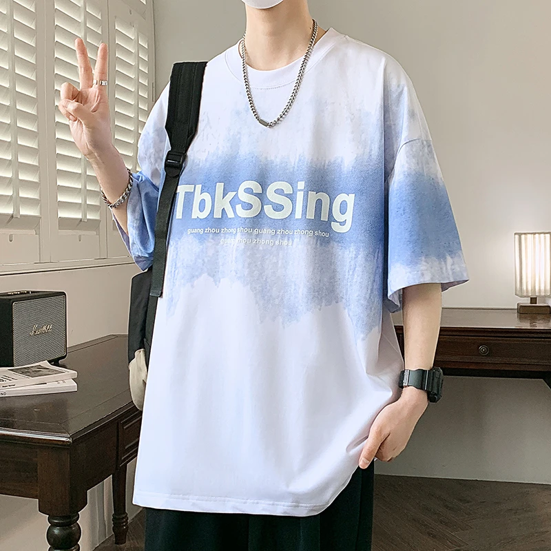 夏季新款潮牌渐变男士短袖T恤时尚舒适青少年学院风百搭印花半袖