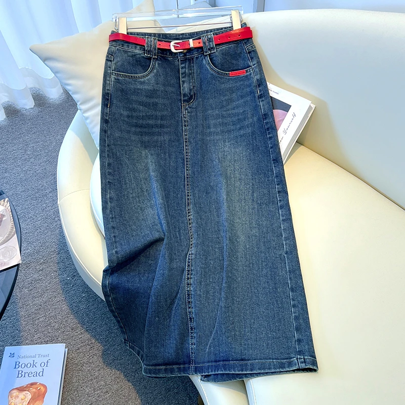 拉夏贝尔牛仔直筒裙女2025春季新款气质高腰显瘦遮胯开叉半身裙子