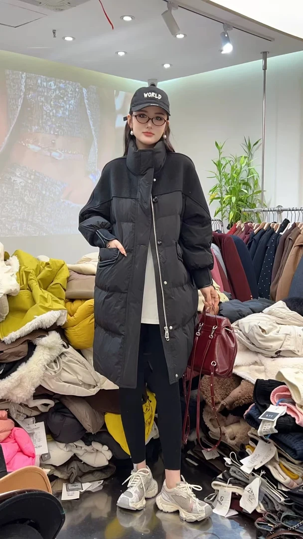 毛呢拼接立领中长款白丫吖外套女欧货2024冬季新款