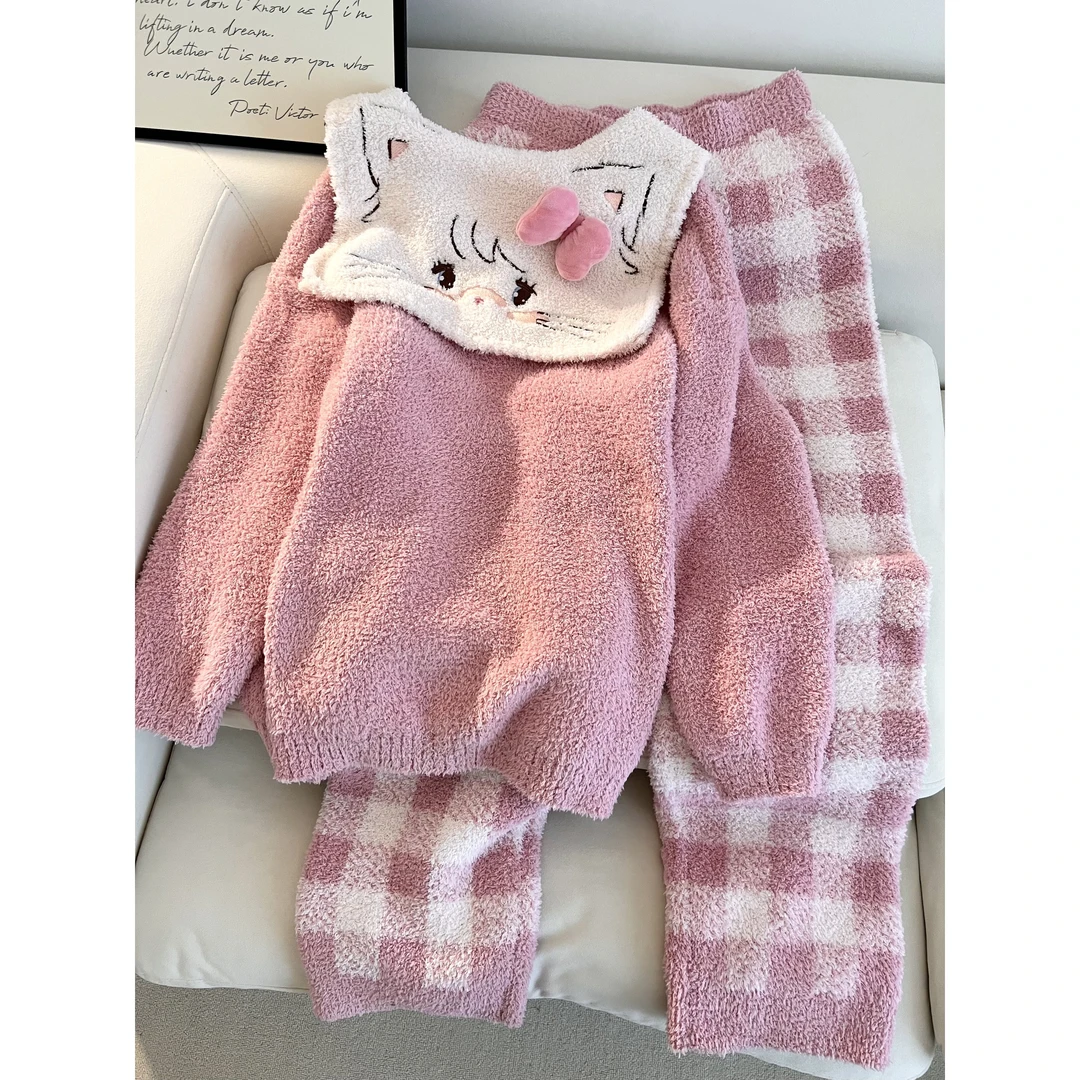 可爱卡通针织毛衣半边绒睡衣女秋冬季新款加绒加厚保暖家居服套装