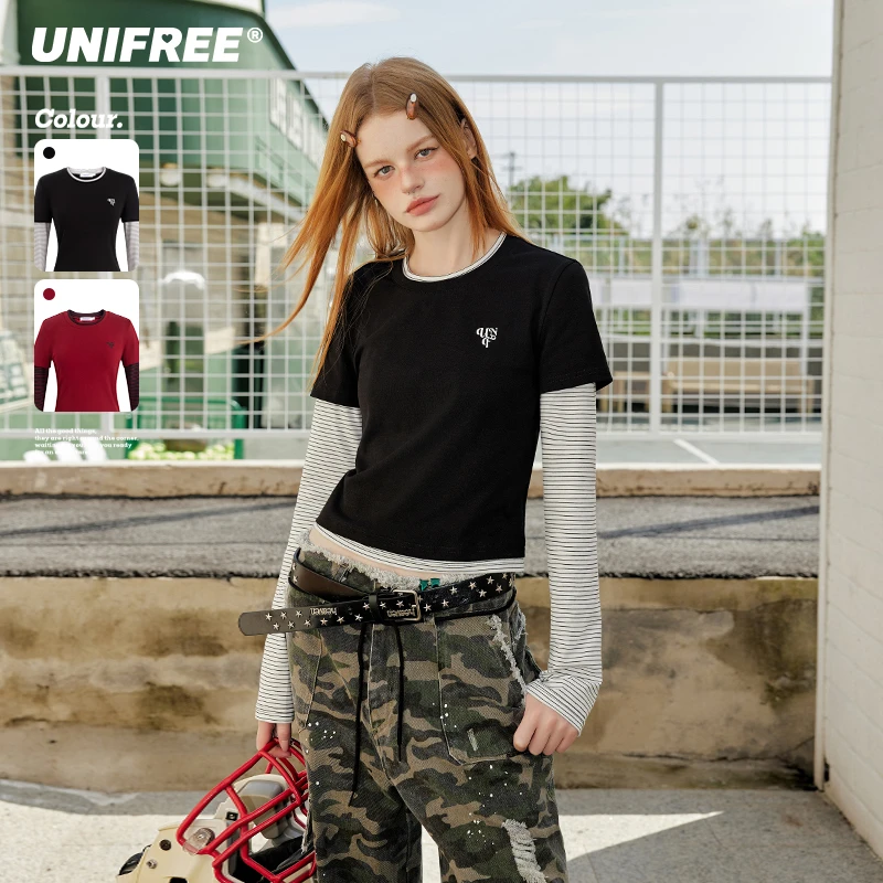 【25年春】假两件长袖T恤条纹拼接复古美式修身打底衫上衣