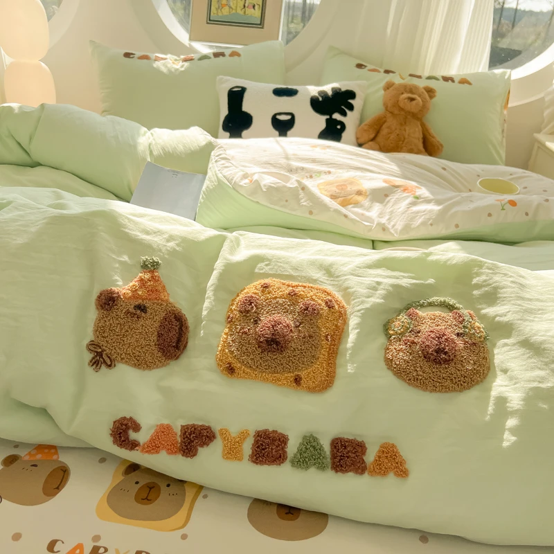 亲肤柔软四件套卡通可爱毛巾绣被套学生宿舍床上三件套非全棉纯棉