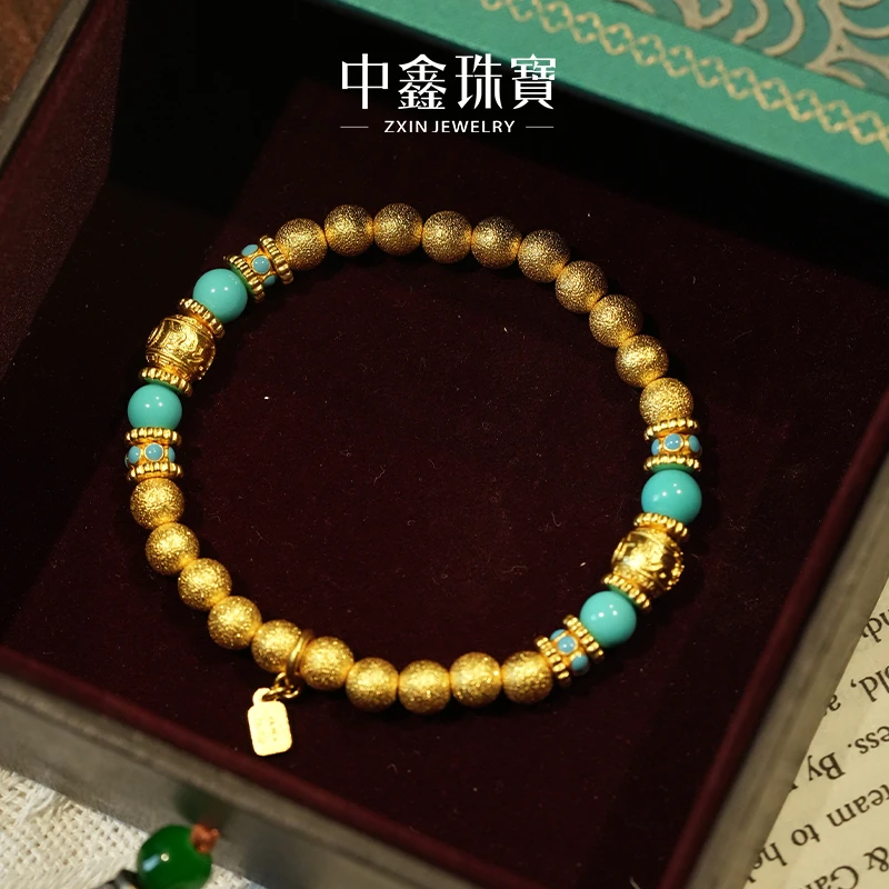 ZxIn/中鑫珠宝 金叠翠黄金足金锤纹圆珠手串绿 松石新中式女首饰