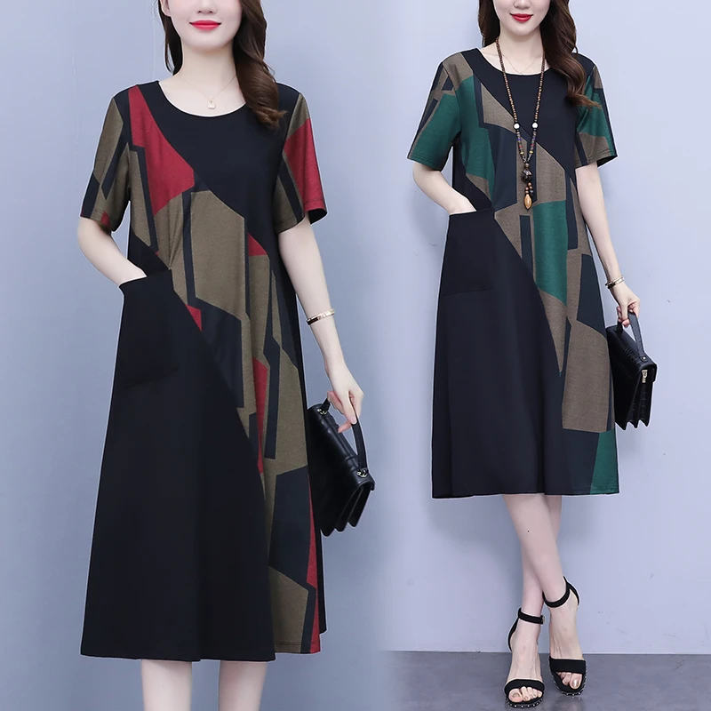 L-5XL2025夏装新款大码女装拼接洋气妈妈装遮肚子显瘦宽松连衣裙