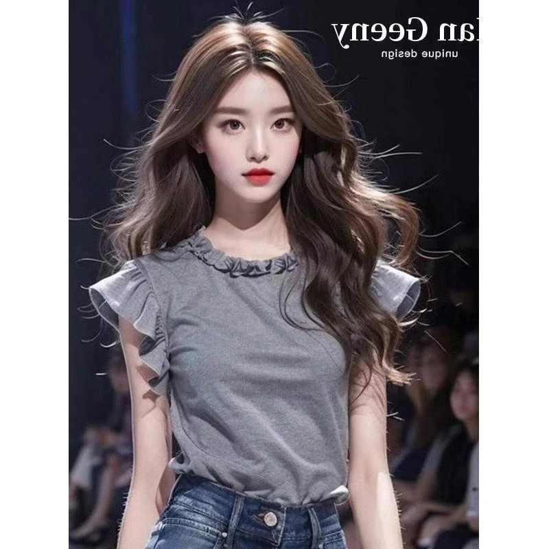 夏季独特上衣别致漂亮小衫法式圆领木耳边灰色小飞袖t恤女
