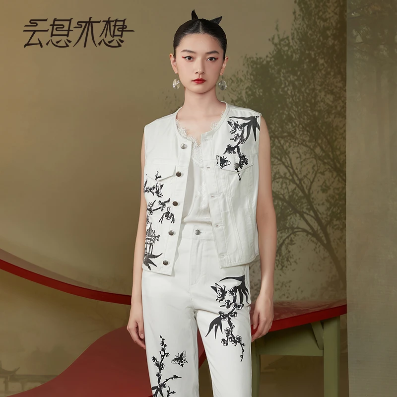 Ysimo-X云思木想原创中国风2024夏季新款梅花亭台印花马甲11904