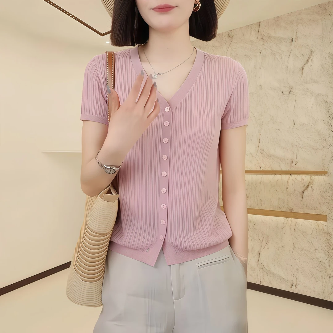 2025夏季新款休闲坑条净版T恤夏季新款简约百搭显瘦温柔减龄上衣