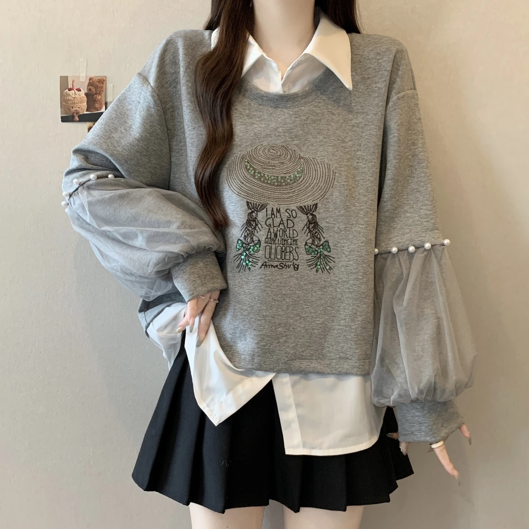 大码遮肚子重工设计感假两件卫衣女秋冬胖妹妹宽松显瘦POLO领上衣