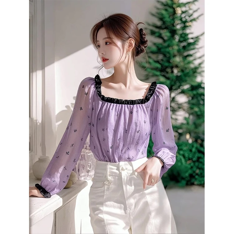 法式复古碎花方领长袖雪纺衬衫女2025春季新款高级别致设计感上衣