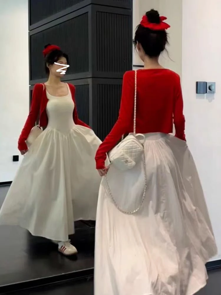 大码白色吊带连衣裙子女2025新款早春韩系气质高级感套装长裙1655