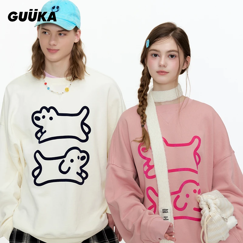 Guuka/古由卡&matsui联名小狗绒感印花黑色卫衣女款重磅纯棉W6672