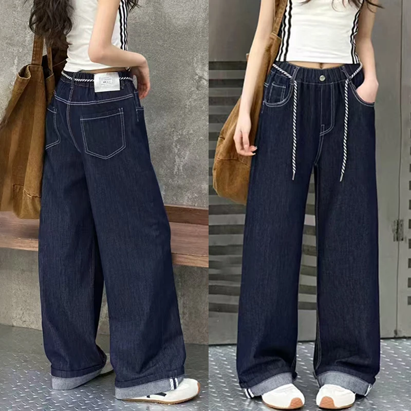 女童裤子春季款2025新款儿童韩系牛仔裤中大童洋气休闲直筒阔腿裤