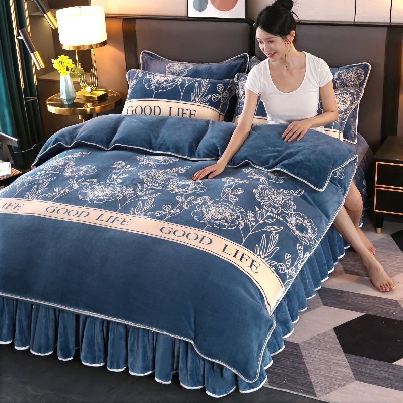 加厚牛奶绒四件套冬季床裙款双面加绒防静电法兰绒4件套加密加厚