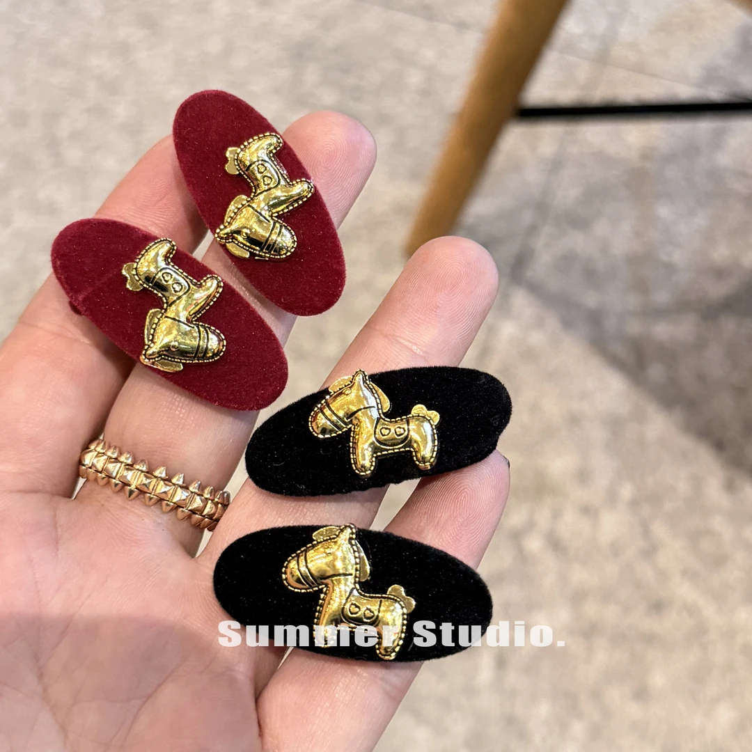 金标小马丝绒发夹 植绒椭圆小号侧边夹前额刘海夹子复古发饰发卡