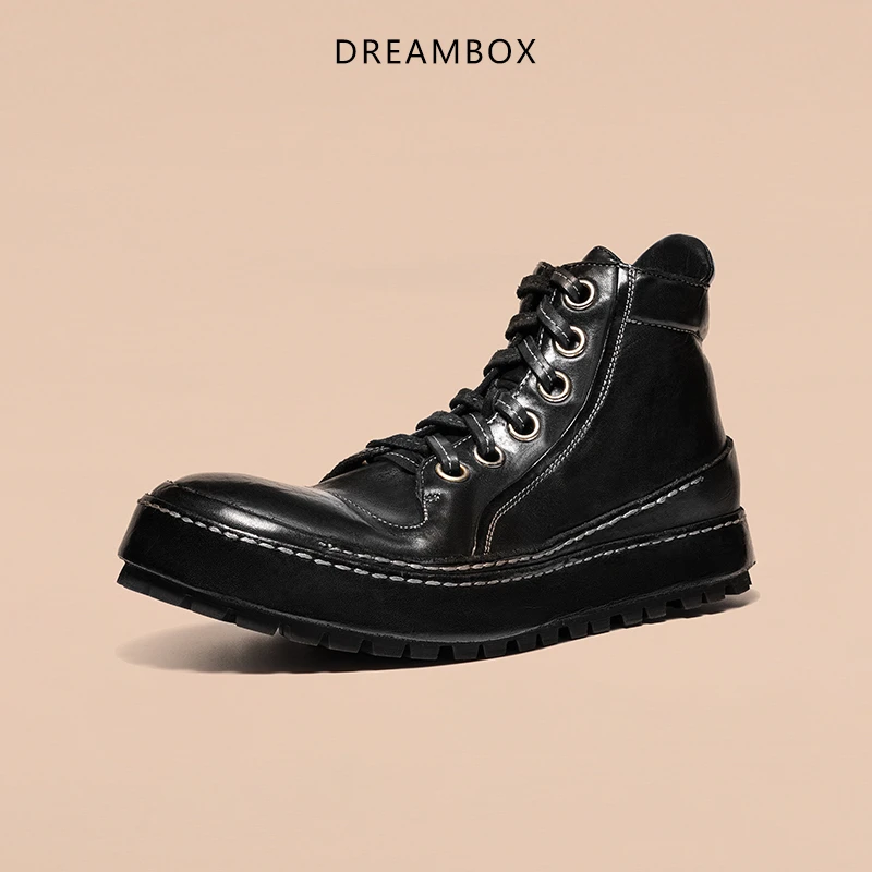 dreambox钧博vibram高档马皮男士休闲板鞋高帮工装复古耐磨手工鞋
