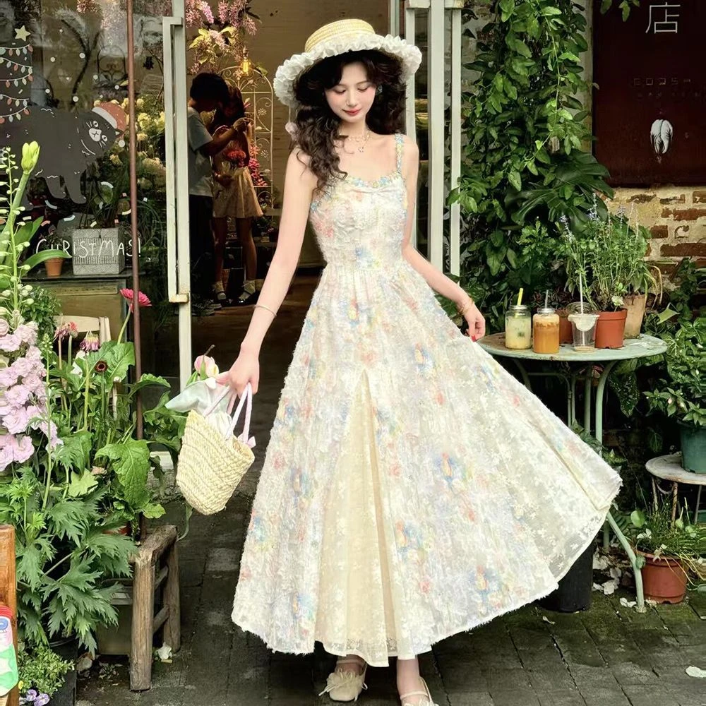 【店铺热销】法式度假莫奈秘境油画复古小清新吊带裙女生夏季新款收