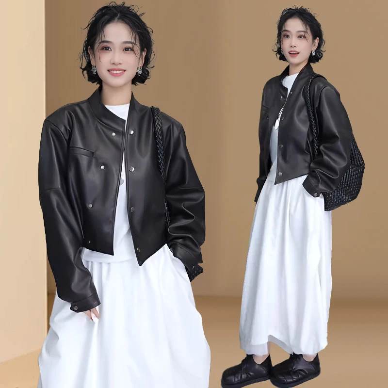 设计感斜扣皮衣外套女欧洲站2025年春秋新款韩版百搭显瘦夹克上衣