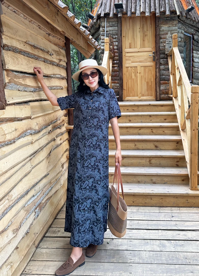 新款碎花名族风度假连衣裙开叉长裙polo领显瘦连衣裙