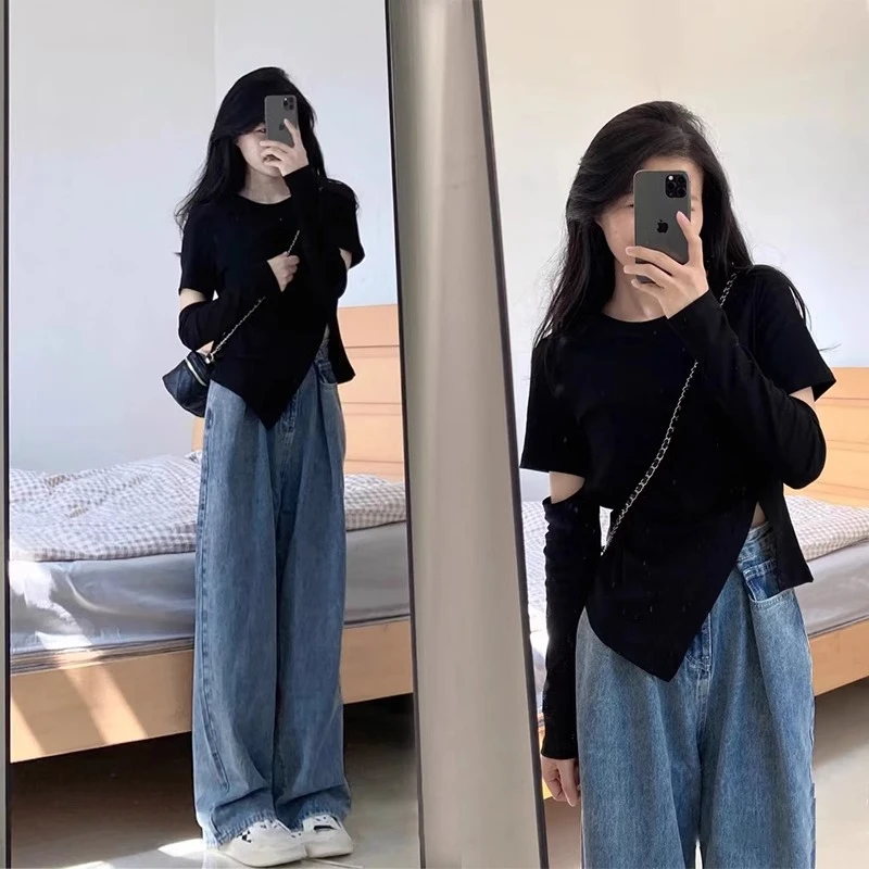 秋季黑色长袖正肩打底衫t恤女2024新款爆款显瘦甜辣初秋穿搭上衣