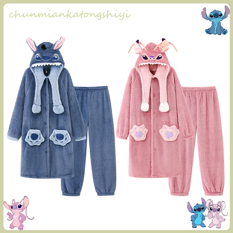 情侣睡衣女史迪仔秋冬季外穿加厚史迪奇睡袍男长款套装家居服大码