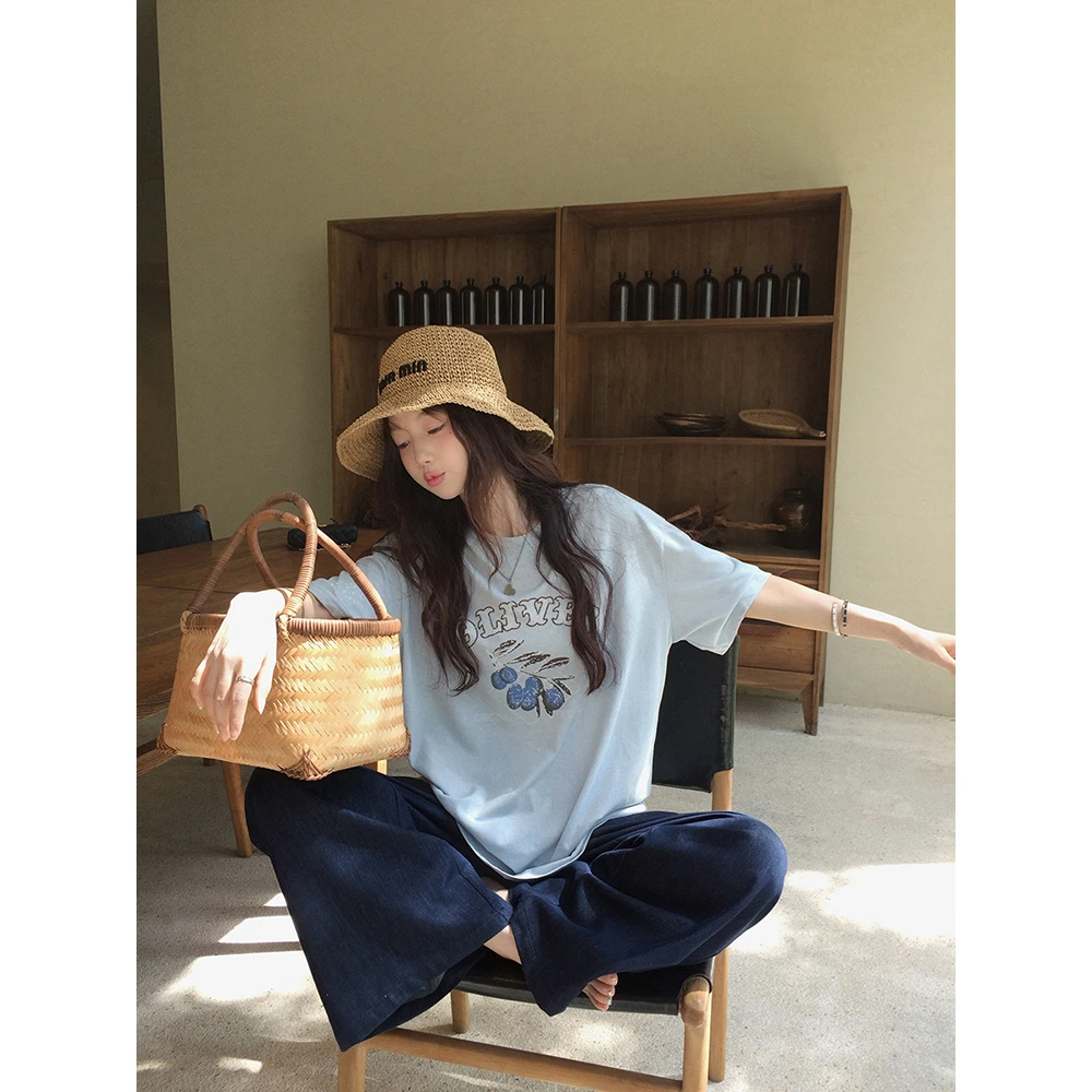 张贝贝 橄榄树之恋 雪花棉 艺术感做旧橄榄印花t