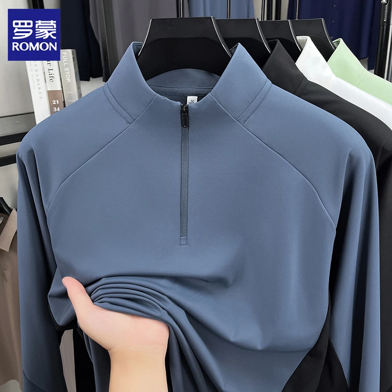罗蒙秋季男士长袖t恤Polo衫中年半高拉链卫衣休闲冰丝弹力体恤