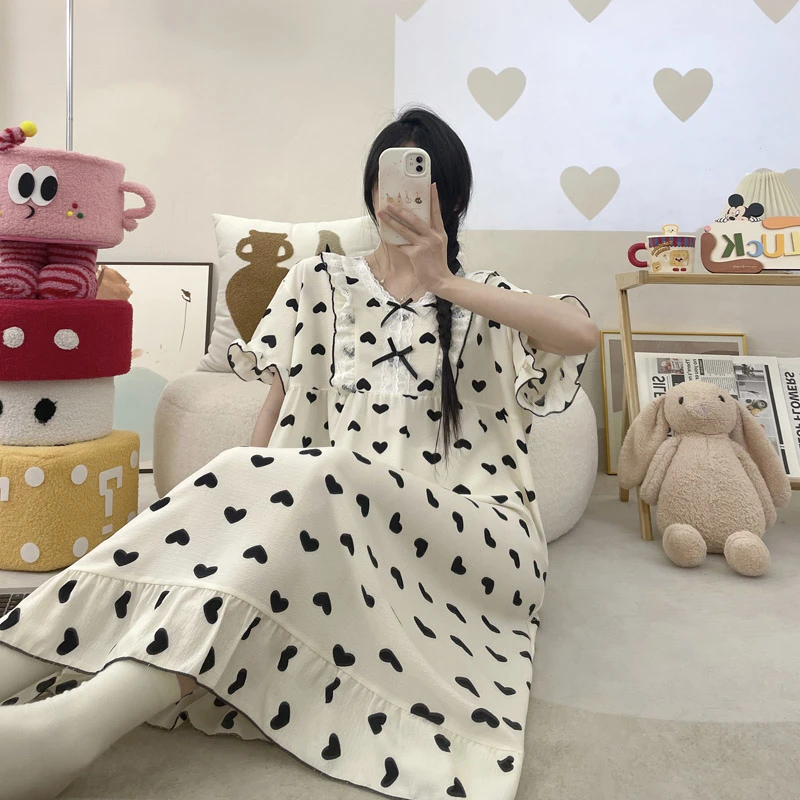 睡裙女夏季加大码肥胖mm甜美公主风纯棉宽松短袖薄款家居服可外穿