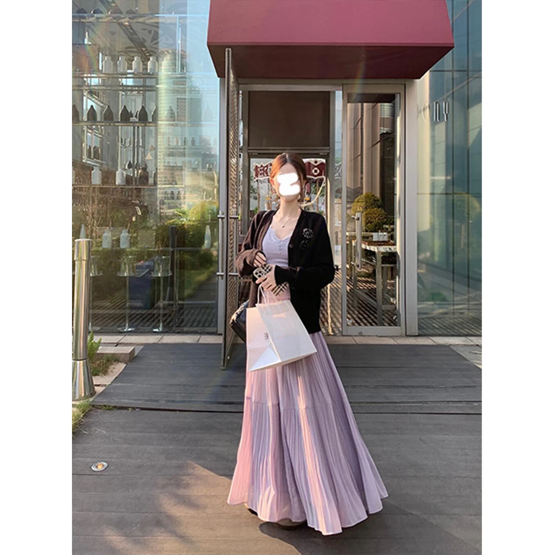 MARIE.COCO气质温柔紫色百褶半身裙女春季慵懒风垂坠时尚长裙