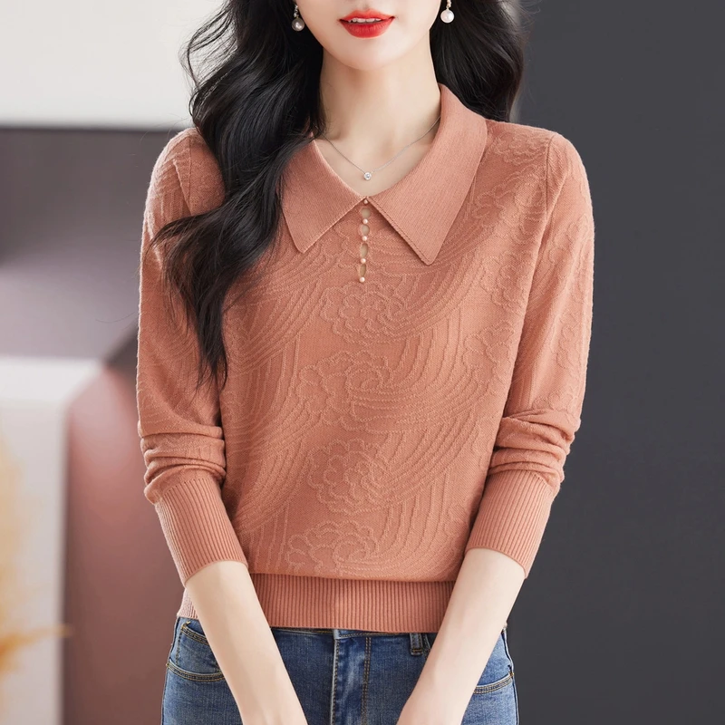 春秋季新款娃娃领长袖针织衫女洋气宽松显瘦时尚妈妈气质百搭上衣