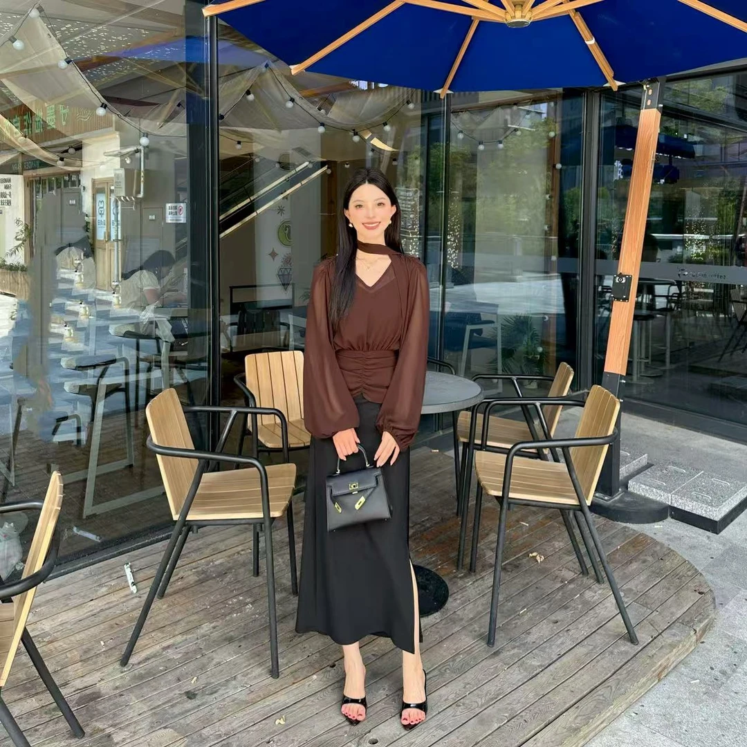 【猫七七】2025早秋新款一整套高级感穿搭黑色半裙套装Q53TZW5041