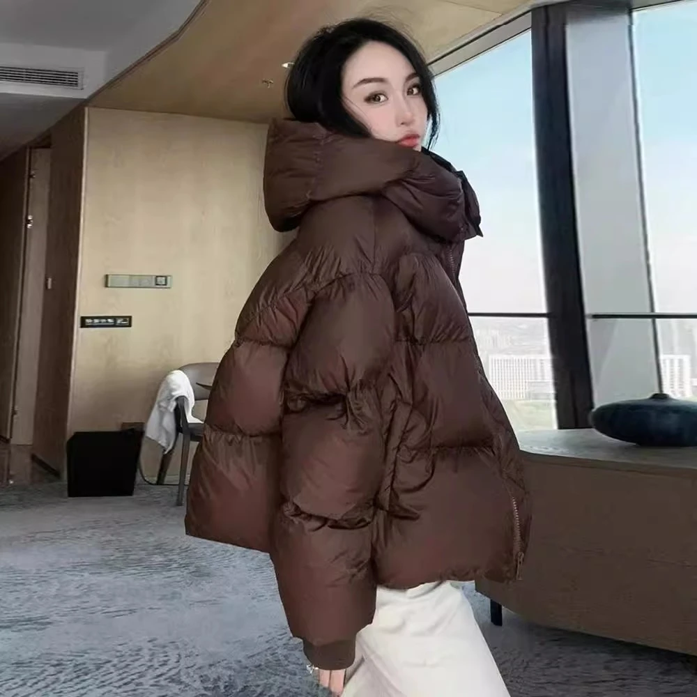 羽绒服咖色云朵泡芙短款女冬季2025新款宽松小个子加厚连帽面包服