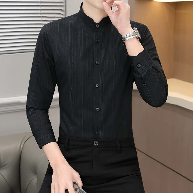 高端春秋季长袖衬衫男商务免烫休闲立领抗皱弹力中山领中国风衬衣