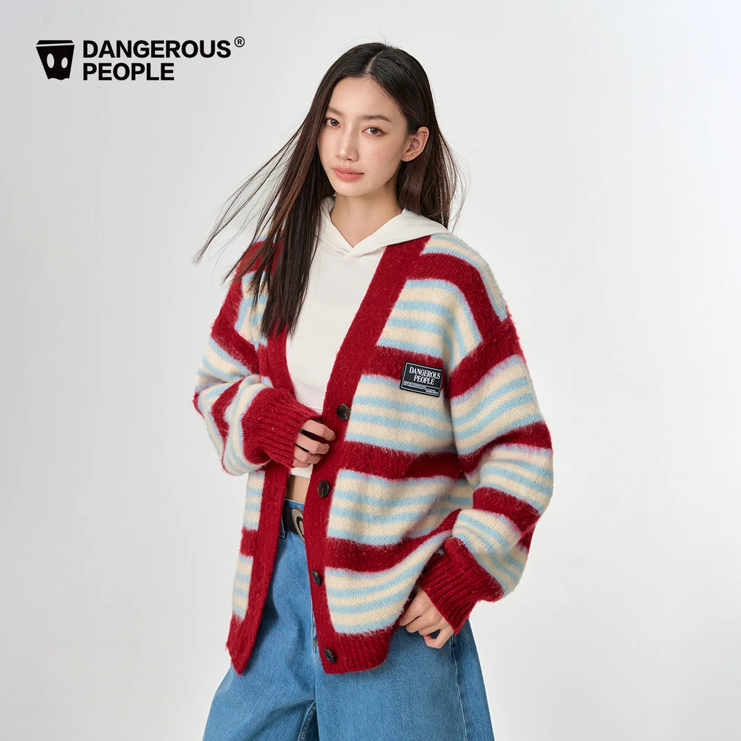 Dangerouspeople薛之谦dsp撞色条纹针织开衫学院风慵懒百搭潮毛衣