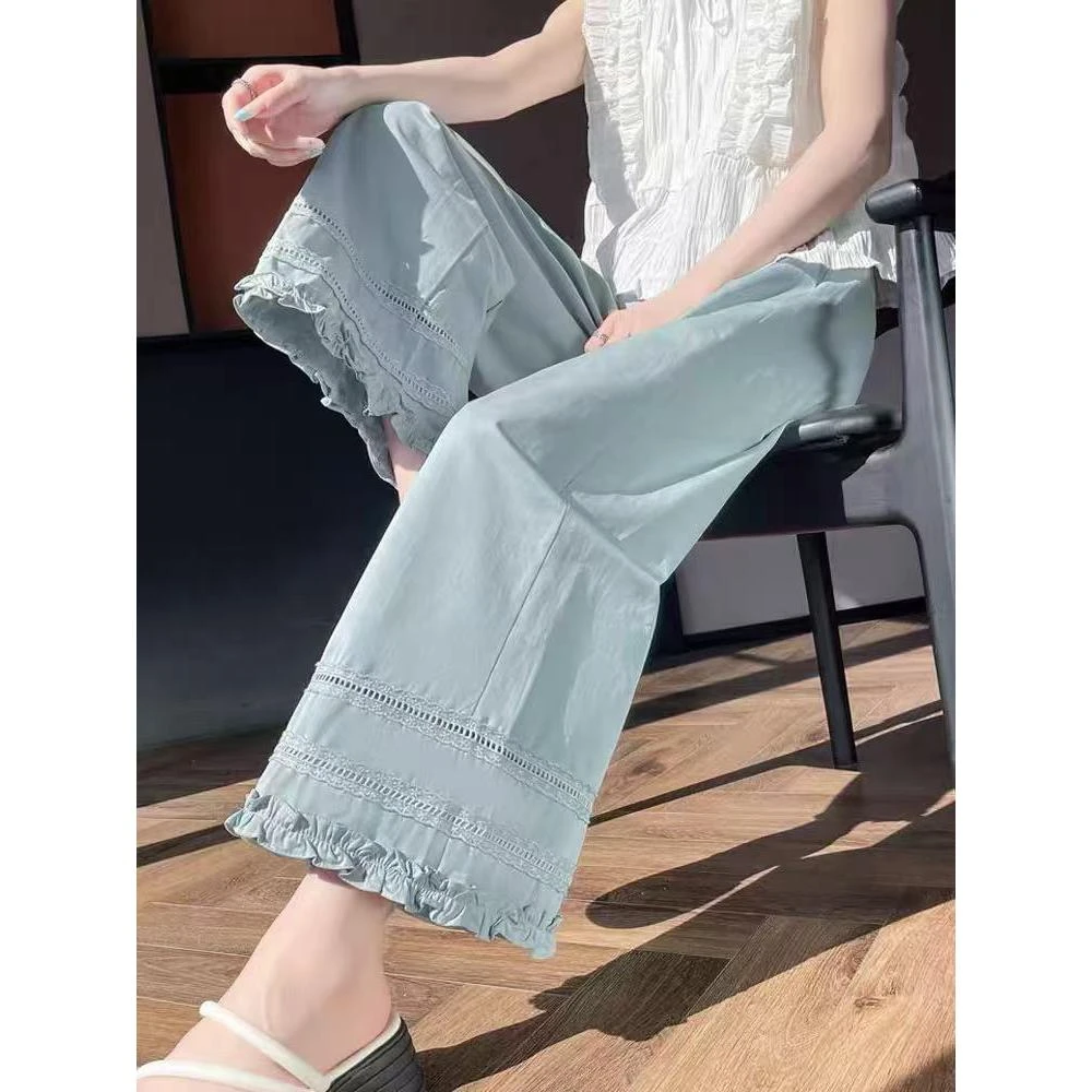 冰丝木耳边阔腿裤女2025夏夏天薄款新款韩系松紧腰休闲直筒九分裤